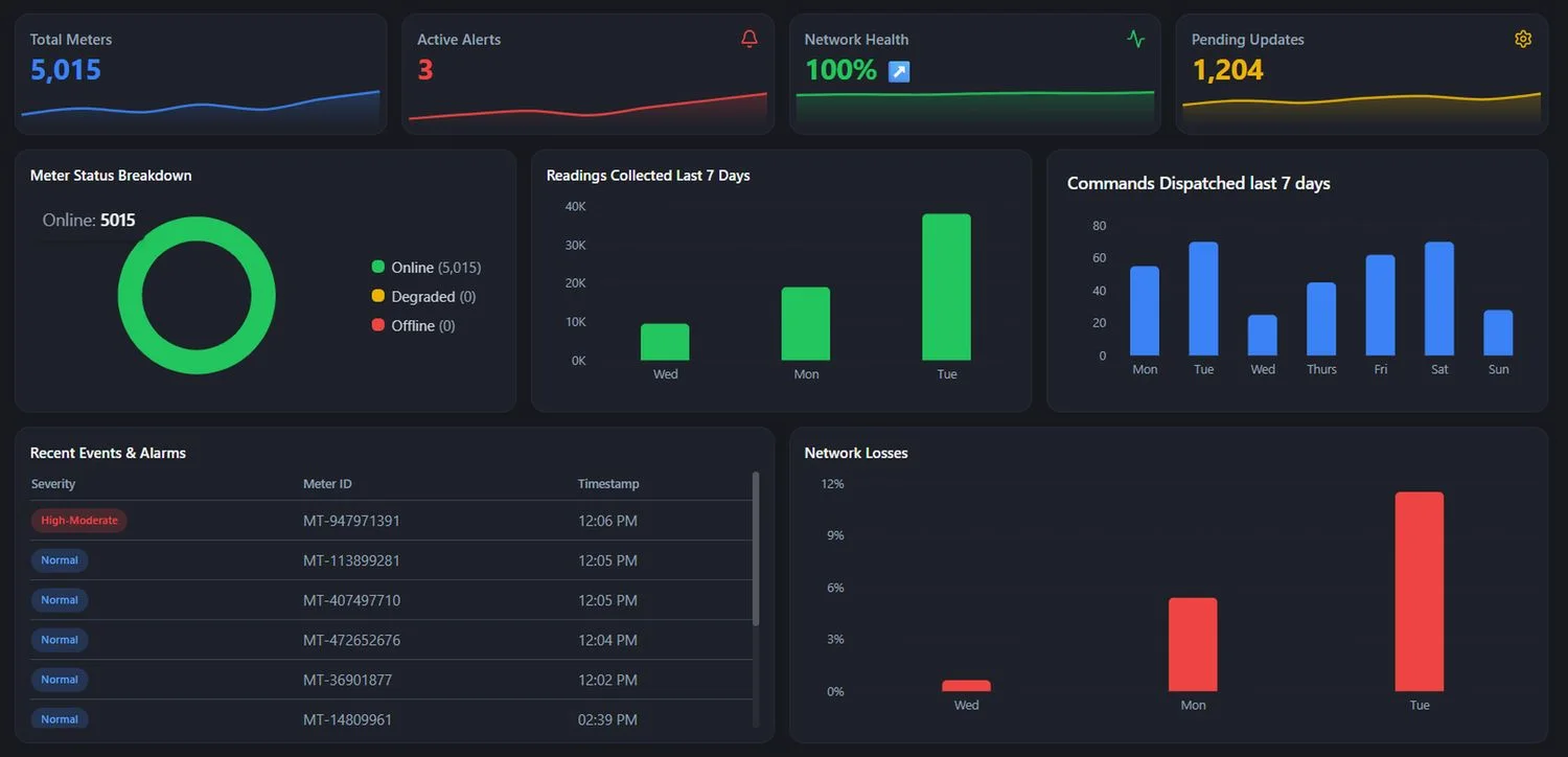 The MetersBoard operations dashboard — total meters, active alerts, network health, meter status breakdown, readings collected and network losses