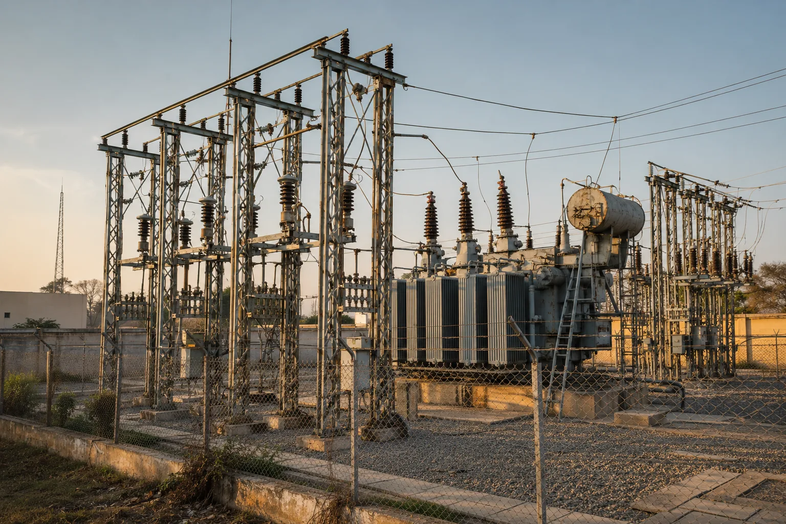 A distribution substation at dusk